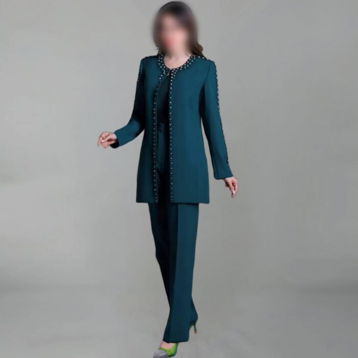 لباس مجلسی زنانه کت و شلوار آستین مرواریدی فروشگاه مزون لوکس